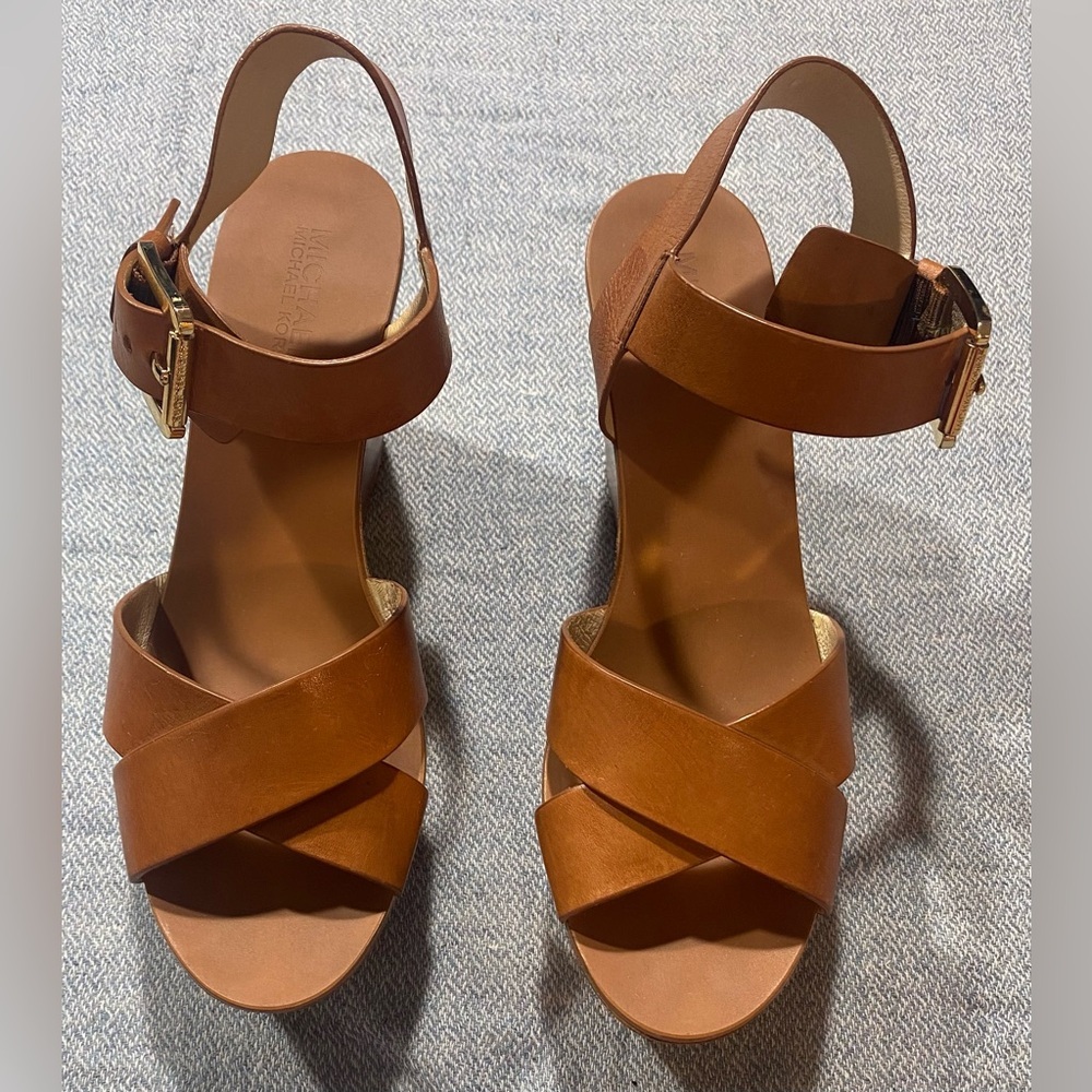 Michael Michael Kors Peggy Platform Wedge Luggage Brown Leather Sandals, Sz 7.5